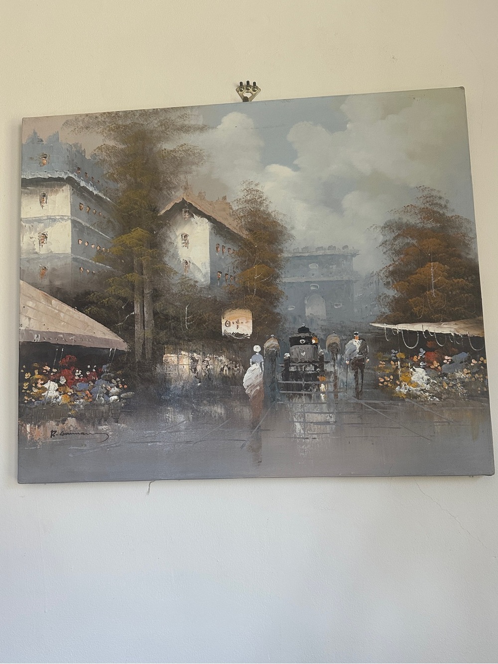 Original Oil Painting Flower Market Street Scene Signed Canvas 20x24